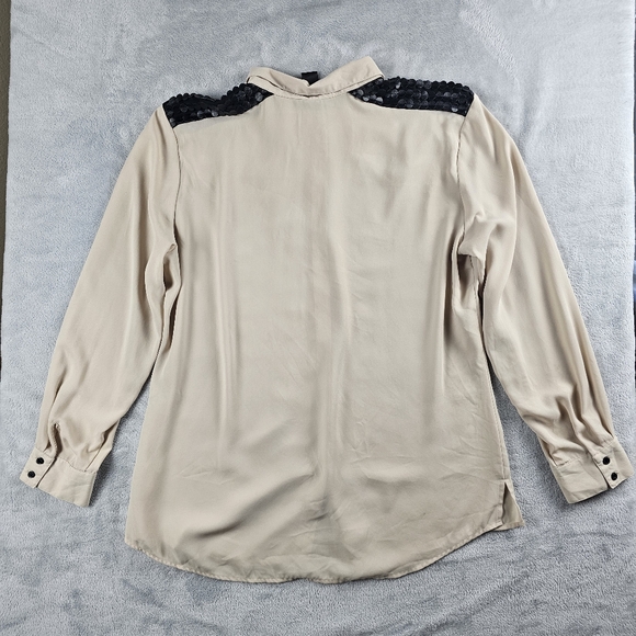 Ali Miles Button Down Blouse Beige XL Matte Sequins Shoulder Block Shoulders - Picture 10 of 10